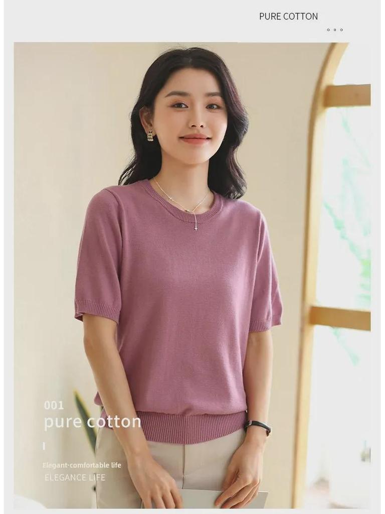 Spring Cotton Knit Short Sleeve Outerwear - Round Neck Loose Fit Solid Color Top