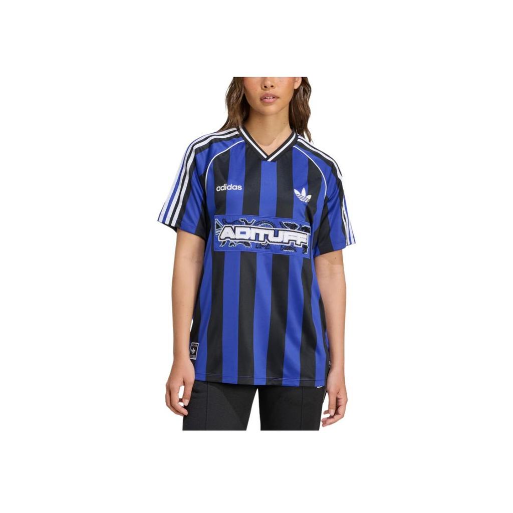 adidas Originale Ss25 Perlen Jersey Lockerer Schnitt V-Ausschnitt Kurzarm Fußballshirt Damen Tops Fluoreszierend-Blau Schwarz KD2274