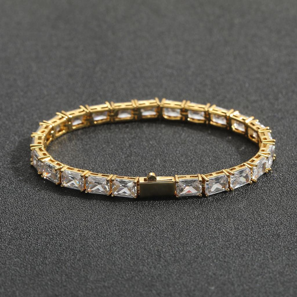 Rockyu Unisex Tennis Chain Bracelet with Cubic Zirconia, Square Cut, Gold and Silver Finish, 5mm Wide, 17.7cm Long, Simple and Sparkling Design, Unise