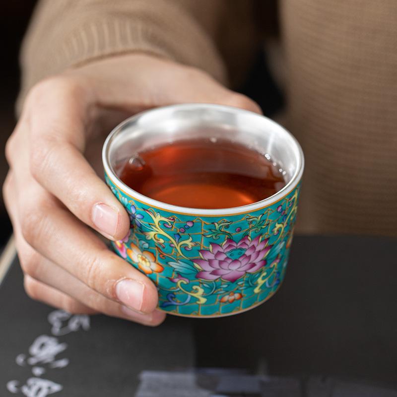 Enamel Crane 999 Pure Silver Inner Liner Tasting Kung Fu Tea Cup Gift Box Set Can Be Gold Stamped with LOGO
