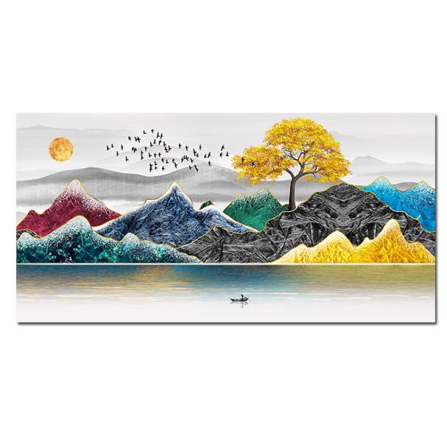 

Gold Tree Birds Mountain Nordic Abstract Canvas Painting Wall Art Posters Prints Wall Picture Cuadros for Living Room Home Decor No Frame 20*40cm No Frame