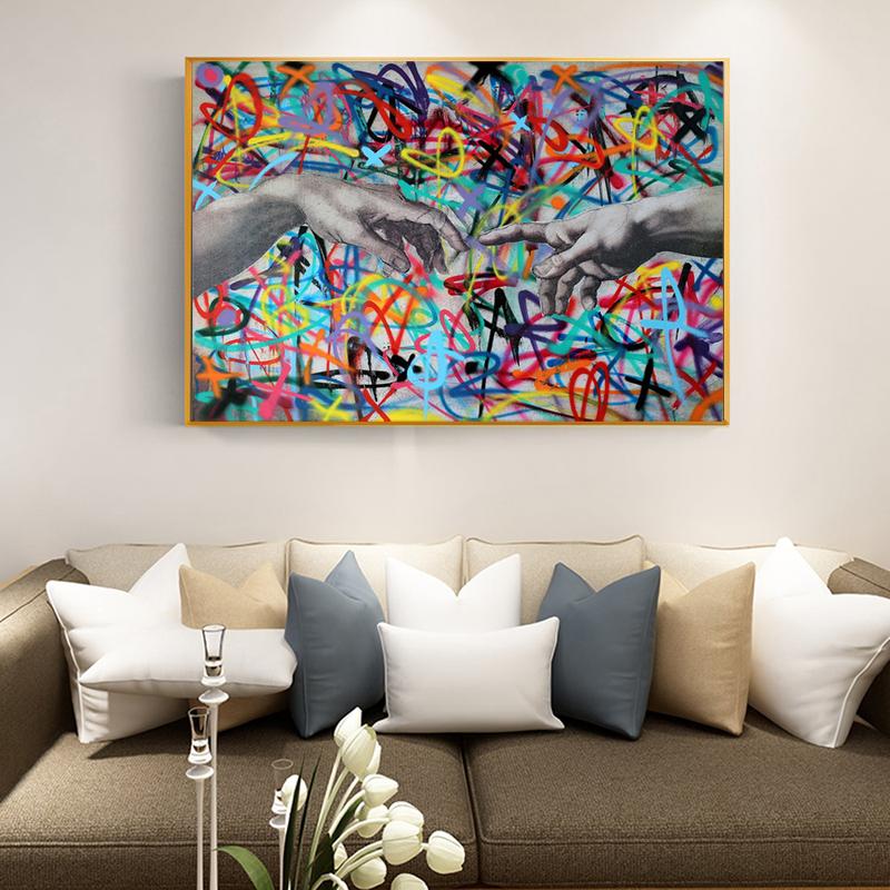 Creative Graffiti Genesis Oil Painting on Canvas HD Hand In Hand Posters and Prints Wall Art Picture for Living Room Decor