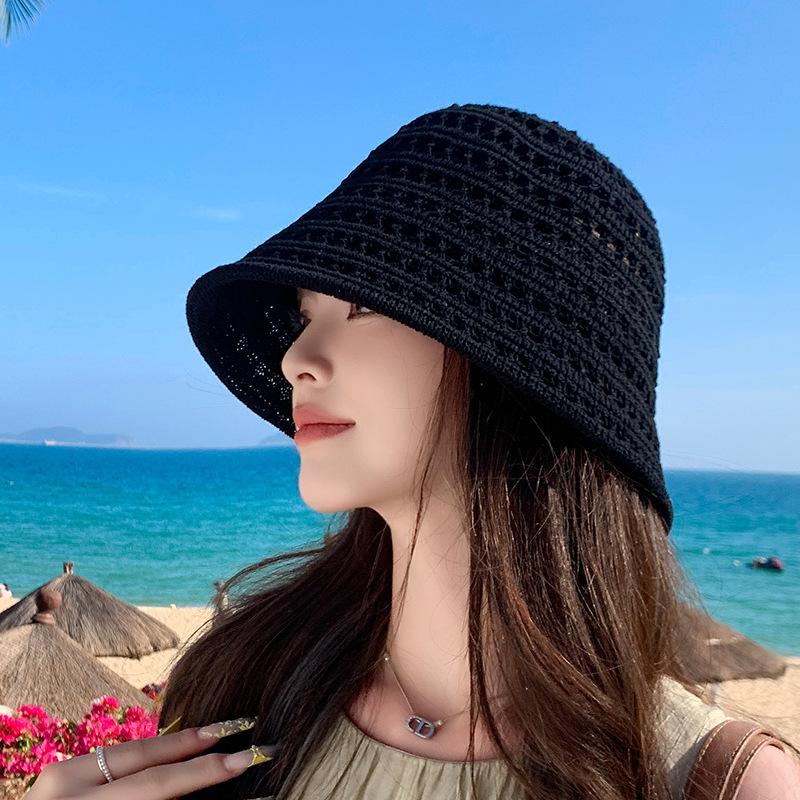 

Straw hat breathable face small knitted bucket hat women s vacation seaside beach leisure sun hat M（56-58cm）