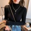 Womens Knit Sweater With Stand Collar And Spliced Design For Elegant Office Wear