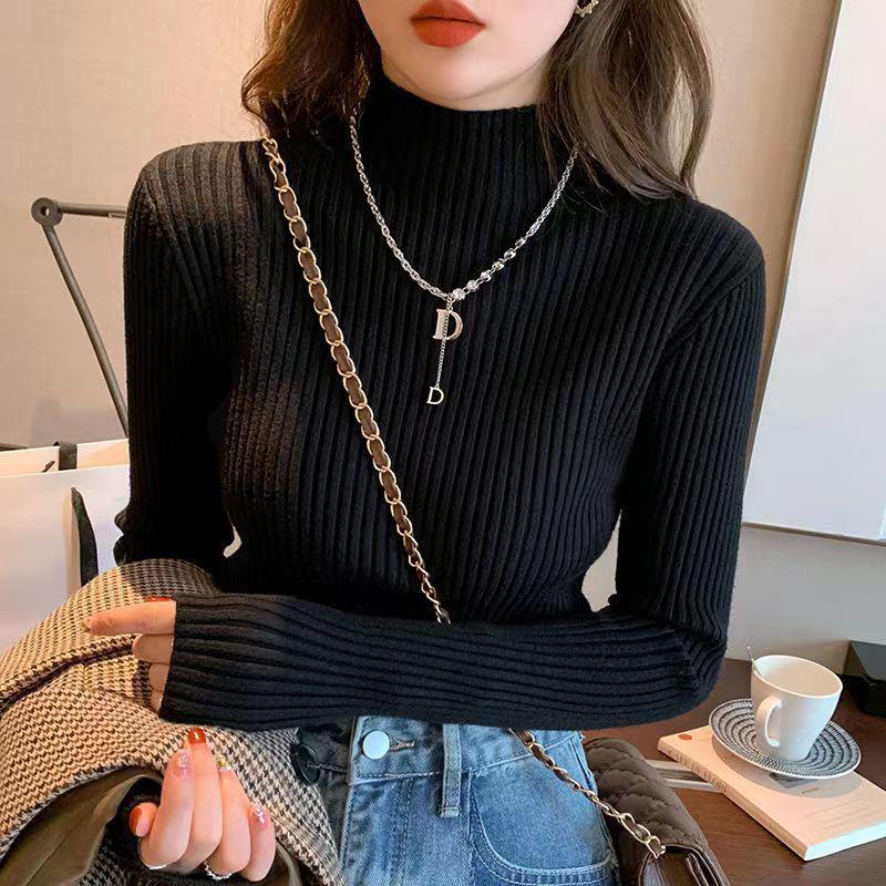 Womens Knit Sweater With Stand Collar And Spliced Design For Elegant Office Wear