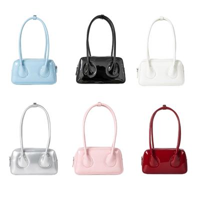 Womens Korean Style Simple Shoulder Bag Wetlook PU Patent Leather Underarm Bag with Top Handle Zippered Handbag Satchels