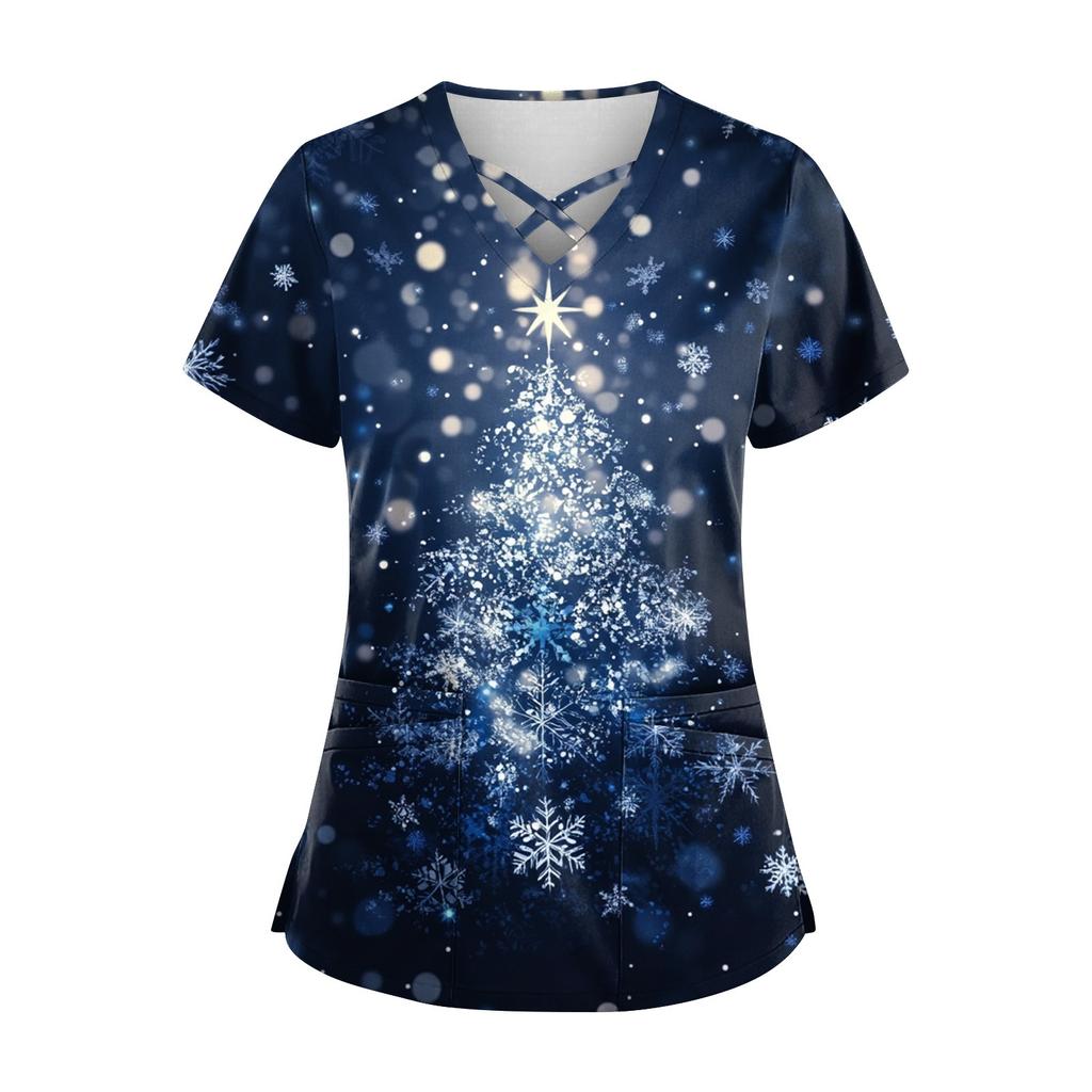 Kvinners Juletrykk Uniform Arbeidsuniform V-hals Pocket Protective Work Uniform