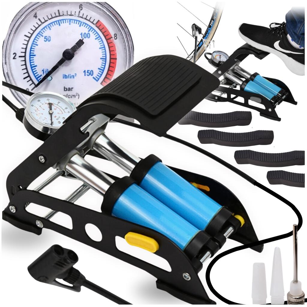 Strong foot pump with pressure gauge for bicycle, car, balls, bicycle mattress