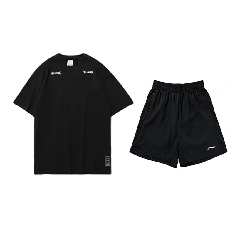 Li-Ning Summer Mens Short Sleeve Shorts Versatile Fashion Trendy Skin-Friendly Breathable Casual Sports Suit Men suit Black AHSU997-2+AKSW611-1
