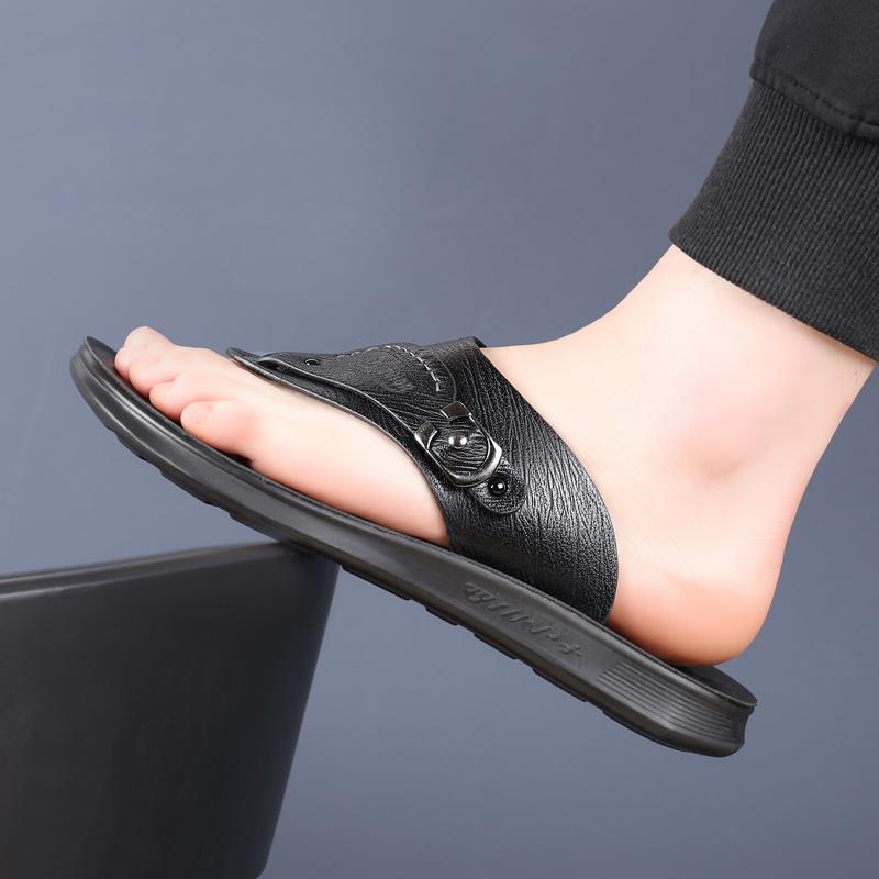 Fashion Summer Handmade Leather Slippers Trendy Fashion Men's Flip-flops Thick Soled Outdoor Breathable Comfortable Simple Men Slippers
