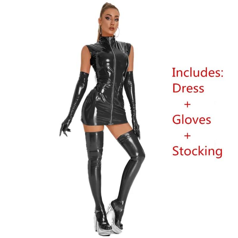 PU Leather Dress With Glove Stockings Punk Gothic Sexy Bodycon Mini Lingerie Dress Latex Catsuit Women Club Party Outfits