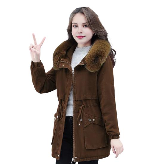 Winter Women Cotton Jacket with Furry Hood with Double Pockets Drawstring Waist Mid Length Zipper Closure Coat Solid Color Windproof Outwear Parka