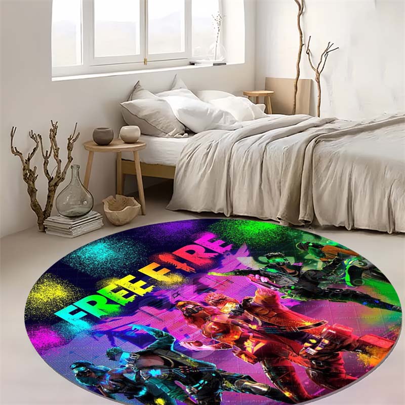 Free Fire Game Character Neon Graffiti Print Round Area Rug Non‑Slip Circular Floor Mat Gamer Home Decor for Living Bedroom Gaming Room