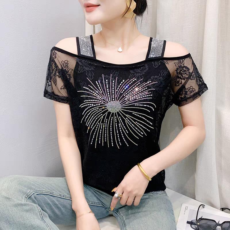 

Летняя новая сексуальная кружевная футболка с открытыми плечами для женщин, блестящие горячие бриллианты, футболки с коротким рукавом, элегантные повседневные пуловеры для леди 3XL чёрный