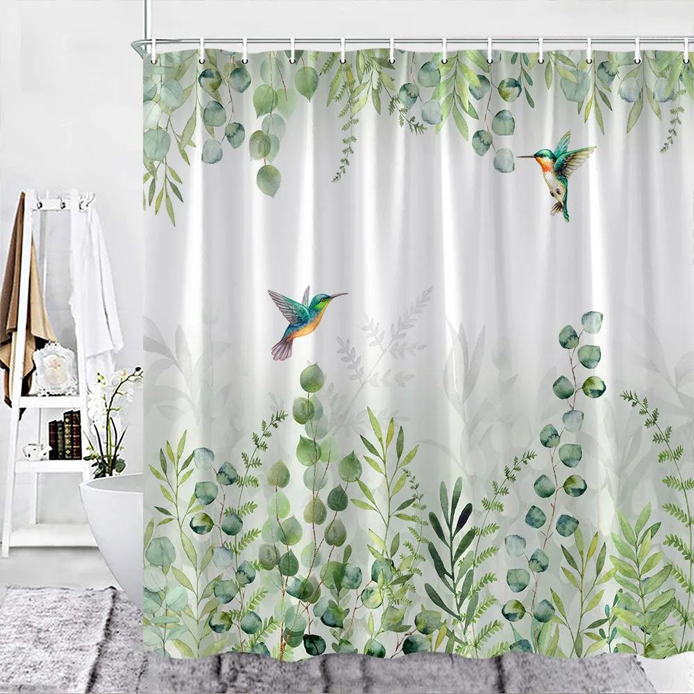 Hummingbird Floral Shower Curtain Watercolor Bird Flower Home Bathroom Decor Polyester Fabric Bathroom Curtain Set Hook Washable