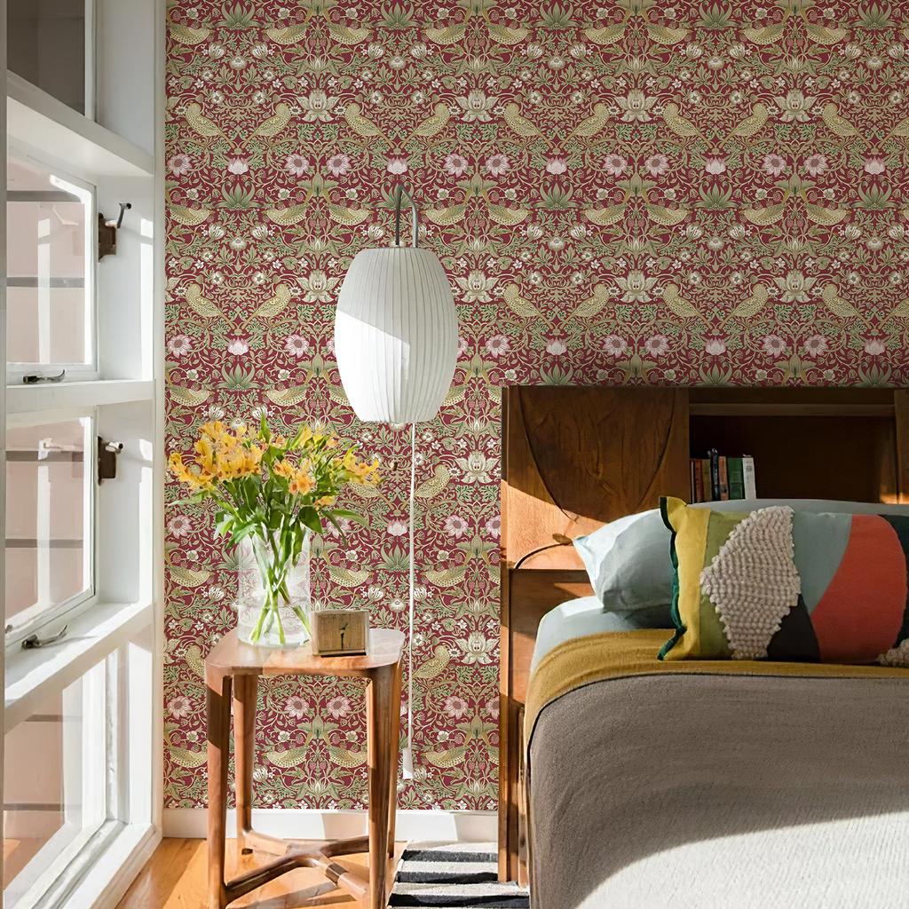 Retro Rote Florale Vinyltapete Selbstklebend Gelbe Vögel Selbstklebendes Wandkontaktpapier Schicke Wasserdichte Schrankaufkleber