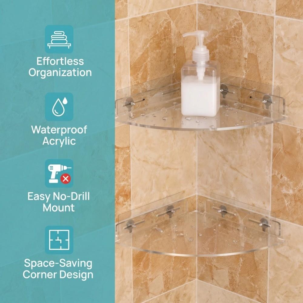 2 PCS Transparent Corner Shelf Wall Mounted Shower Storage Rack Corner Shower Shelf Dorm Home