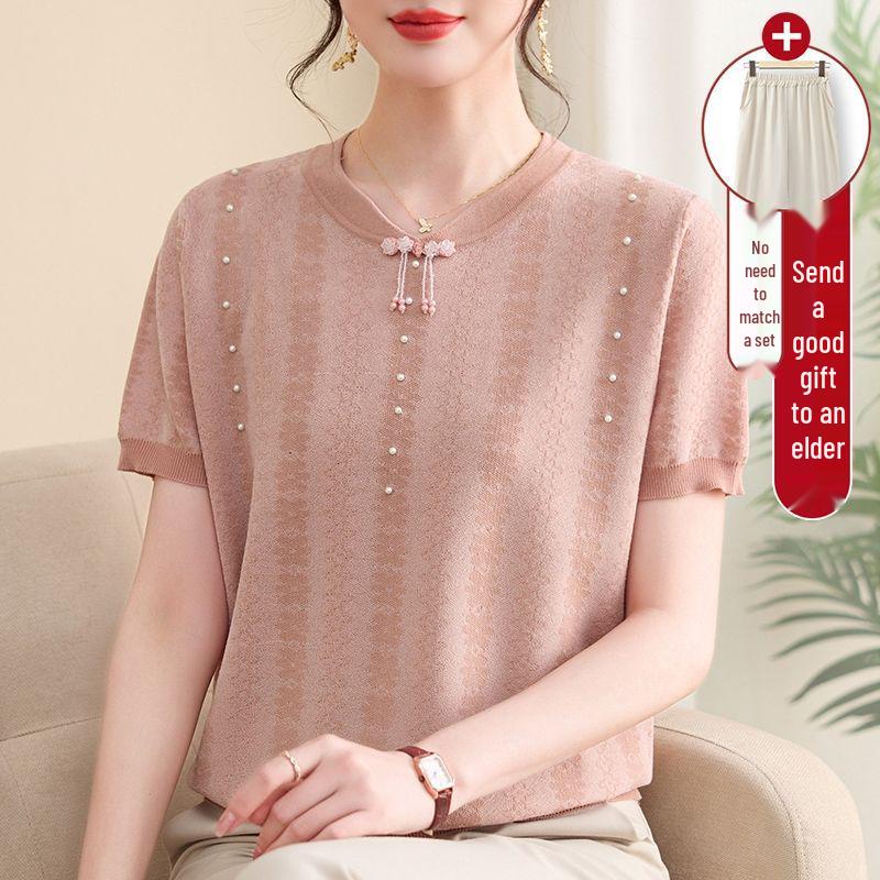 Schickes Sommer-Eis-Seiden-Qipao-Kragen Kurzarm Zweiteiler für mittelalte und ältere Frauen - Strick-T-Shirt-Oberteil in Übergröße
