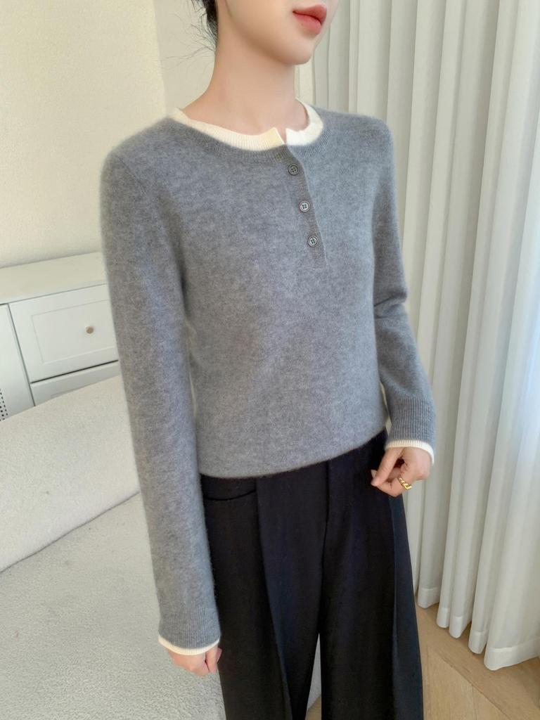 Women's Color Block Cashmere Sweater - Round Neck, Buttoned, Loose Fit, Long Sleeve, Autumn/Winter Collection