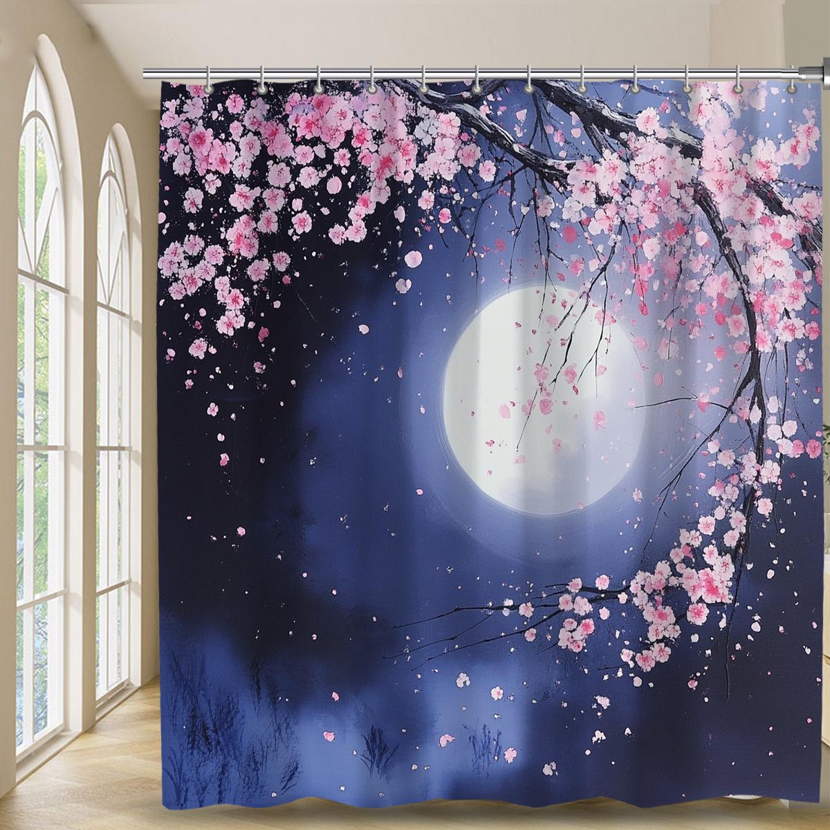 

1Pc Cherry Blossom Night Shower Curtain-Digital Printing, Machine Washable Bathroom Decorative Shower Curtain With Hook W60H190(CM)-1 Pcs