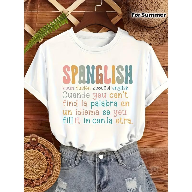 

Women s Spanish Graphic Print T-Shirt, Short Sleeve Crew Neck Casual Top for Summer & Spring, Lightweight Polyester Knit, Machine Washable, S белый