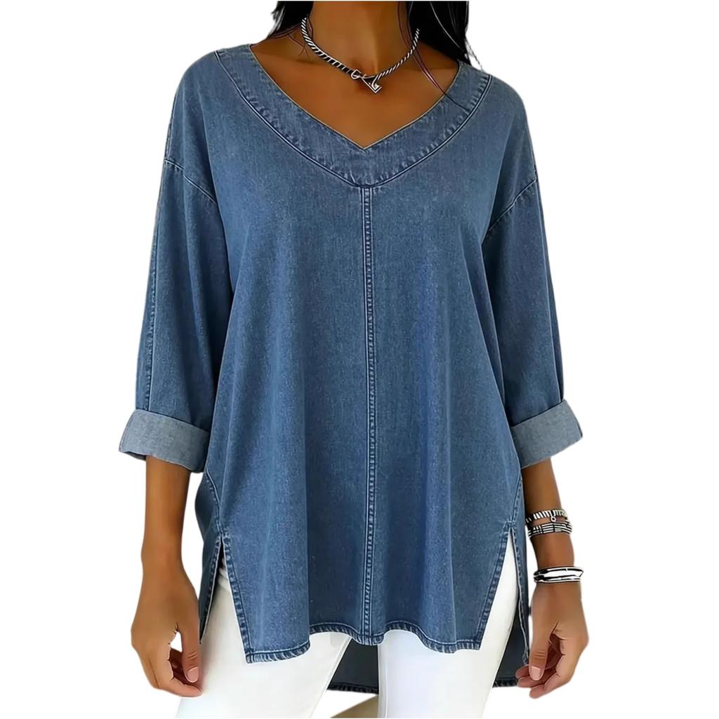 Fashionable Ladies Street Casual Denim V-Neck Top