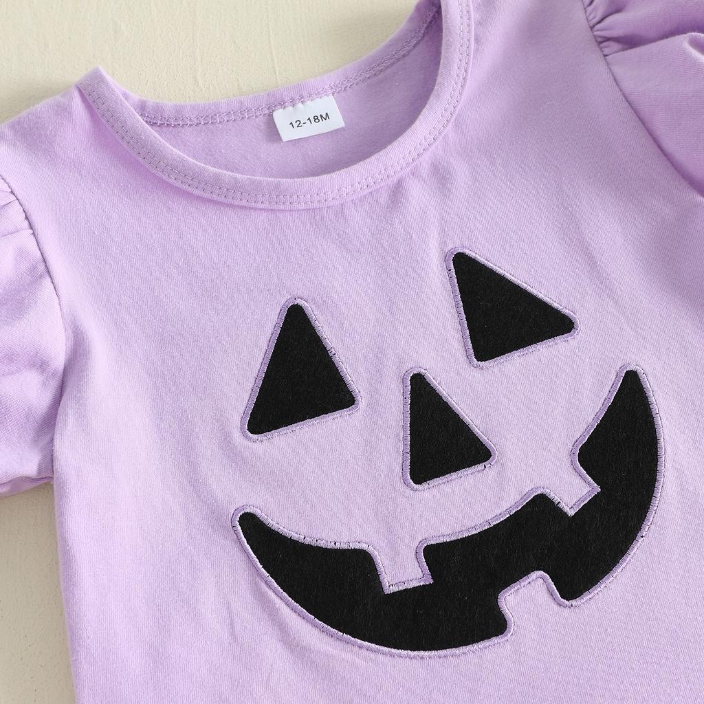 Citgeett Summer Halloween Kids Toddler Baby Girl Outfit Pumpkin Face Embroidered Short Puff Sleeve Ruffled Tops Striped Shorts