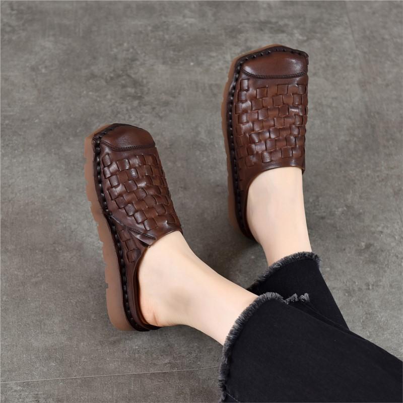 Johnature Genuine Leather Retro Weaving Square Toe Women's Slippers Versatile Outerdoor Flat Slip-on Shoes