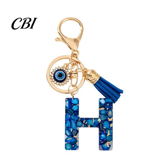 Portable Key Organizer Blue Series Keychain Pendant, Initial Letter Charm Chain with Eyes Tassel Design, A-Z Holder for Bags Backpacks Cars