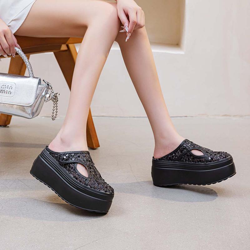

Baotou without heel half tray women s summer 2025 new thick-bottomed mesh sequins Velcro trendy solid color simple 39 чёрный