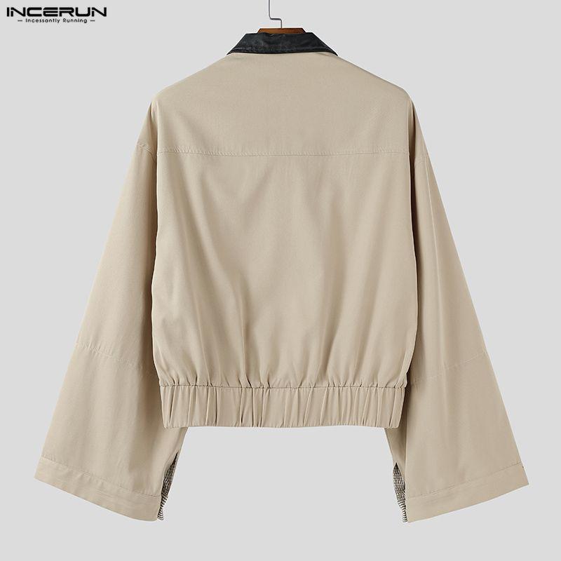 INCERUN S-5XL Men Stitching Collar Zipper Up Long Sleeve Loose Cargo Jackets Coats