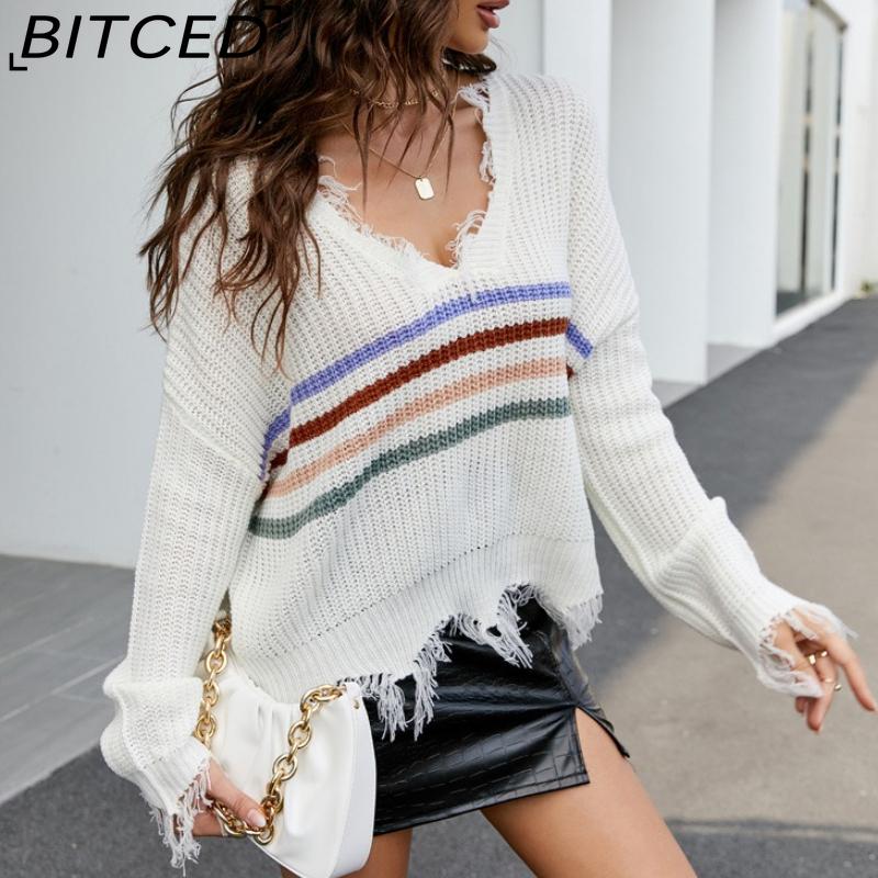 BITCED Women's Oversized Cropped V-Neck Sweater Women's Knit Sweater with Fringe for Fall/Winter