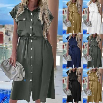 Modisches Revers-Krawatten-Kleid für Damen mit Taschen, schulterlangen Ärmeln, einfarbiges Hemd