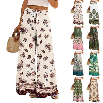 Pantalones Palazzo bohemios de verano para mujer, cintura alta, pierna ancha, estampado floral, pantalones casuales con bolsillos