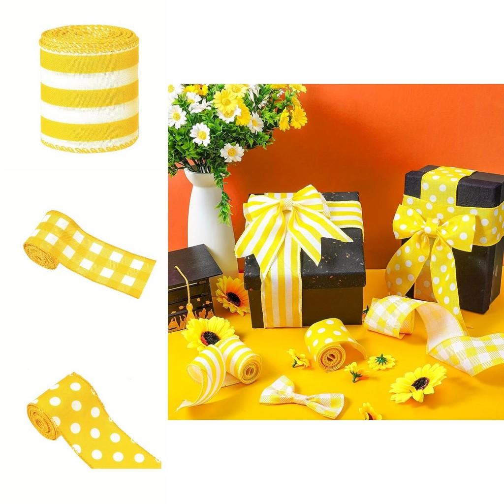 Festival Bee Delightful Yellow Checkered And Striped Burlap Ribbon For Festive Gift Wrapping And Arrangements Decorative