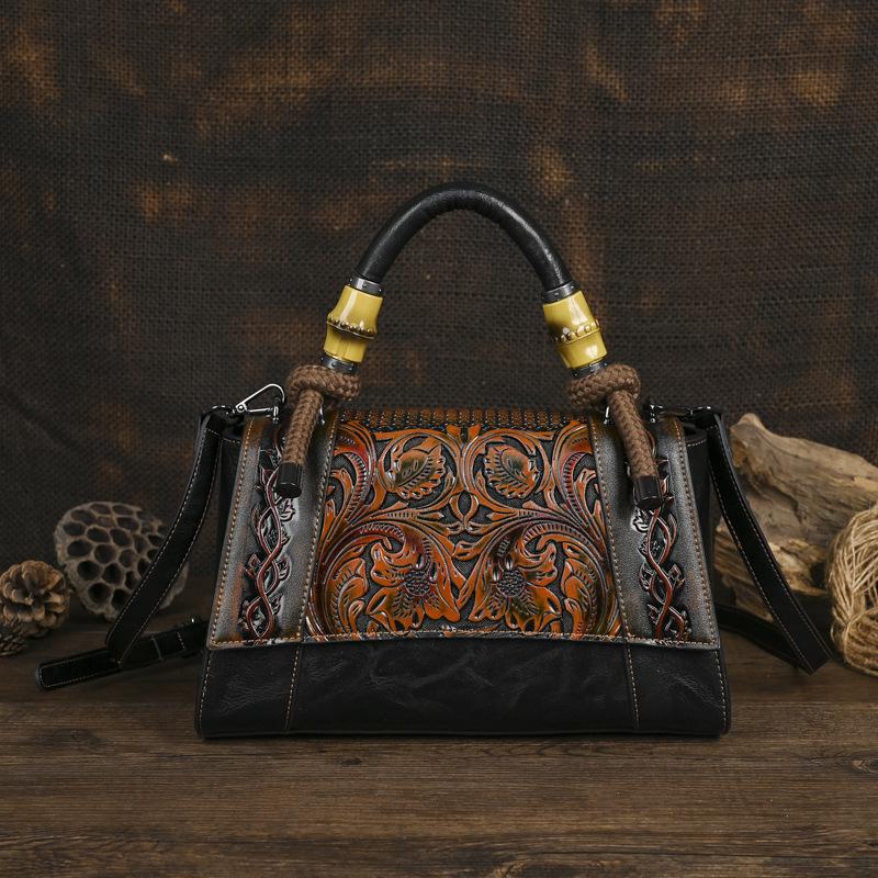 Johnature Chinese Style Embossed Leather Bag Vintage Large Capacity Women's Handbag Versatile Shoulder Bags