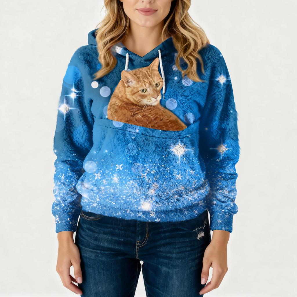 Women's Fashionable Casual Fleece Lined Long Sleeve Pocket Hooded Printed Sweatshirt