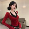 Women's V Neck Long Sleeve Crop Top Faux Two Piece Halter Lace Splice Slim Fitted Y2K Spring Layering Blouse