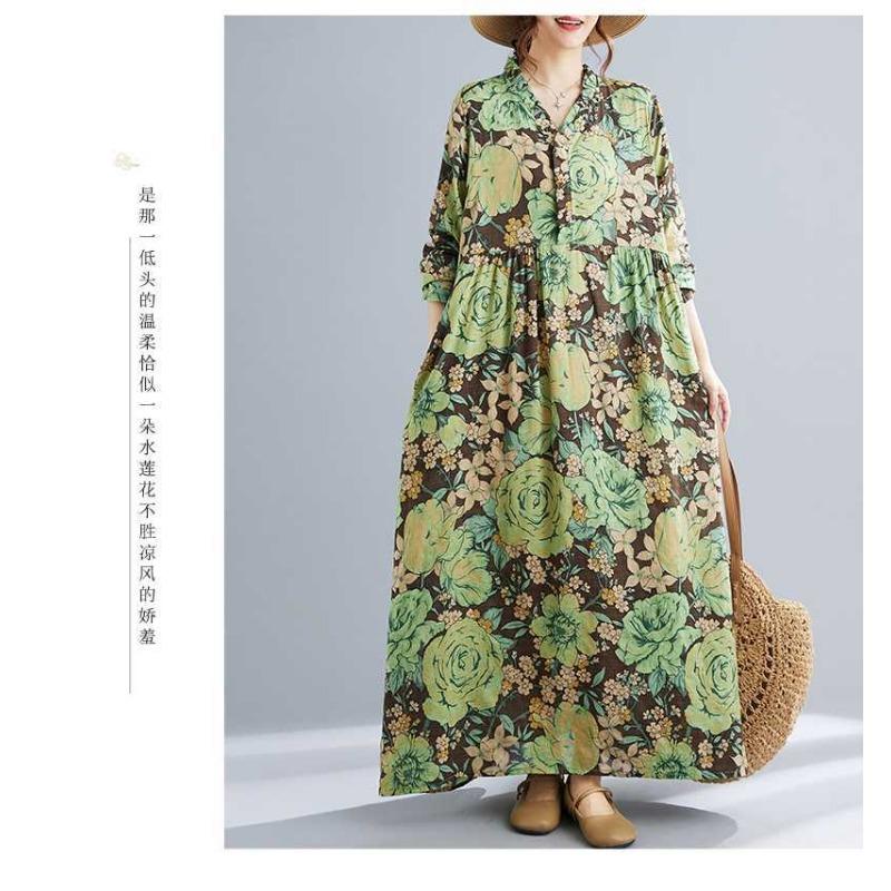 Neue Böhmische Vintage Bedruckte Lockere Bauchbedeckende Langarm Großer Schwung Lange Kleider