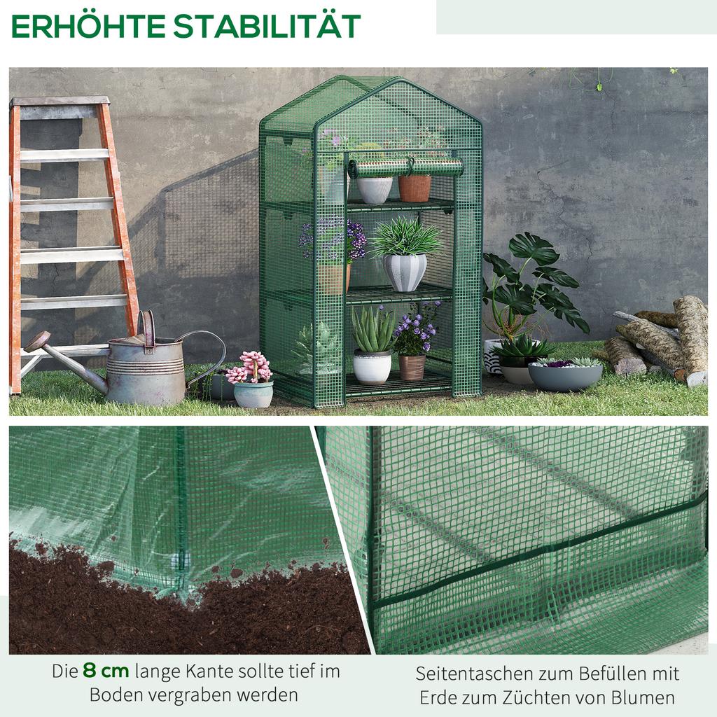 Mini Greenhouse Seedling Greenhouse with Foil Cover and 3 Shelf Levels Shelves Roll-Up Door Vegetable Bed