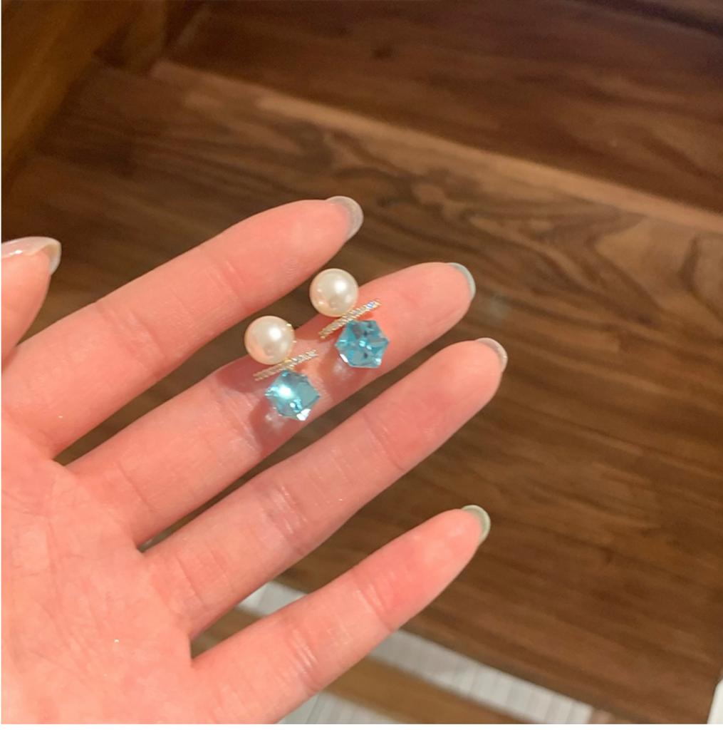 Zircon pearl square stud earrings light luxury temperament earrings niche high-end earrings women