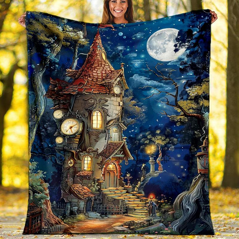 Fairy Cliff House Fleece Blanket, Fantasy Cottage Throw