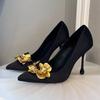 Fashion Luxury Satin Designer Women Pumps 2025 Sexy Pointed Toe Gold Flower Decoration Thin High Heels Fashion Banquet Dress Mules Shoes