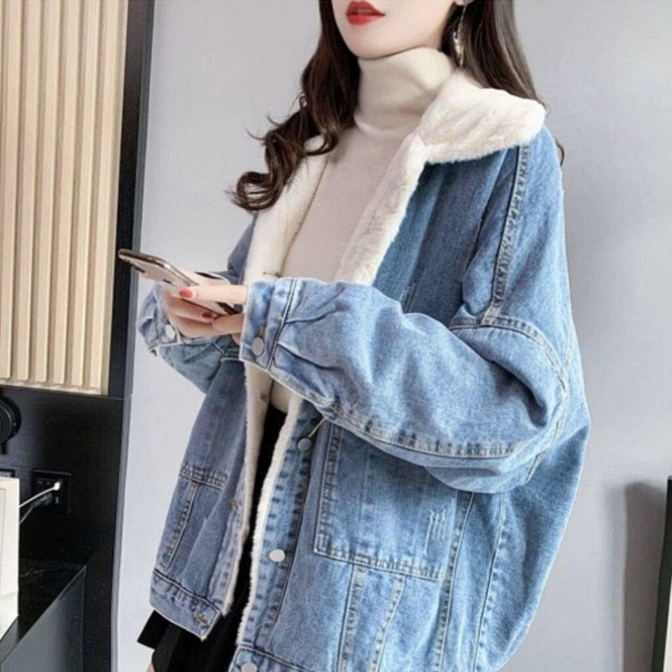 Women’s Fleece-Lined Denim Jacket, Loose Korean Style, Trendy 2025 Autumn/Winter Cardigan