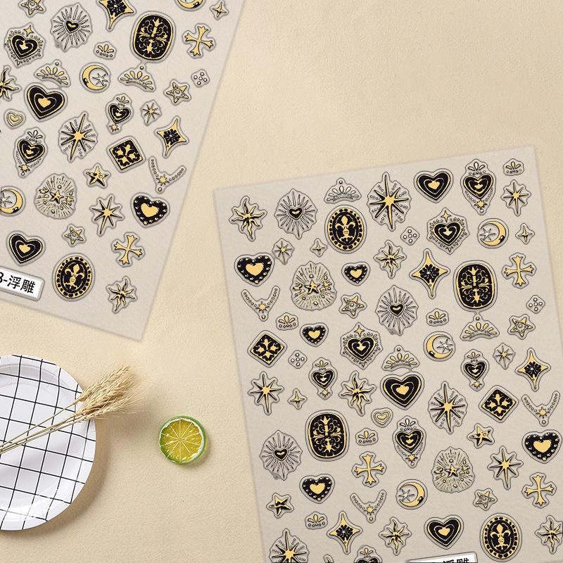 New Gothic Chrome Heart and Cross Nail Stickers: European & American Embossed Black and White Design