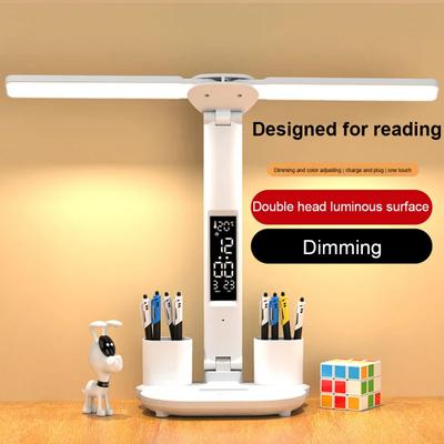 Lampada da tavolo con orologio a LED Lampada da scrivania dimmerabile ricaricabile tramite USB 2 teste 180 Ruota pieghevole Protezione per gli occhi Luce notturna da lettura
