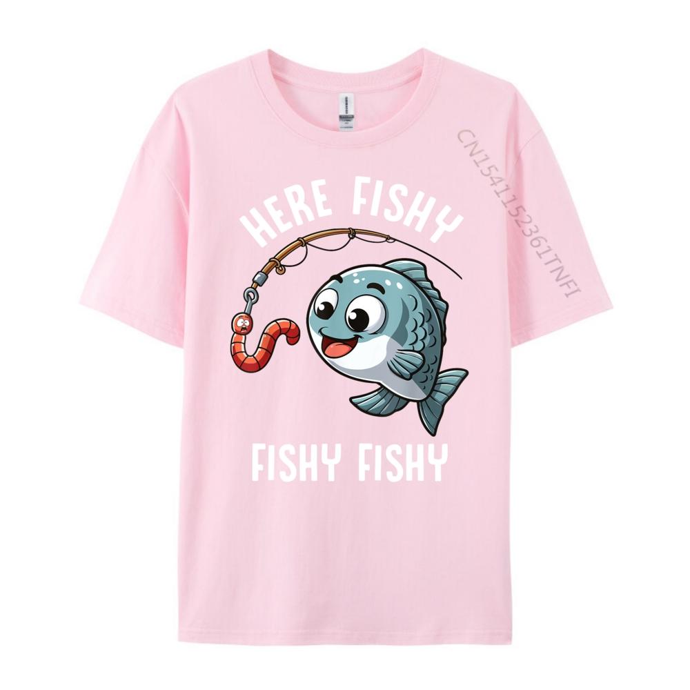Here Fishy Fishing Funny Worm Cute Fish Fisherman Oversized T Shirt Men Summer Original Mens TShirts Character New Tshirt