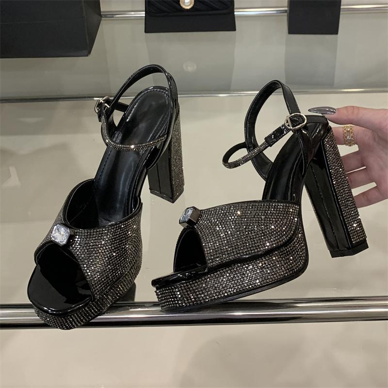 Fashion Eilyken Sexy CRYSTAL Diamond Buckle Strap Women Sandals Street Style Platform Square Toe Stripper Party High Heels Summer Shoes