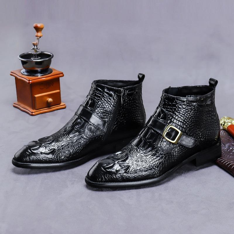 Men s high-top leather shoes, crocodile leather boots, cowhide leather Martin boots, men s zipper business booties 37 чёрный