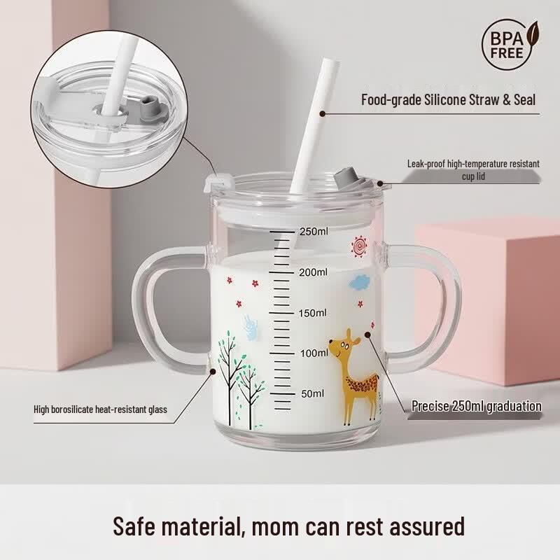 WEIMINGNUO Children's Cartoon Glass Milk & Water Cup with Straw - 250ml